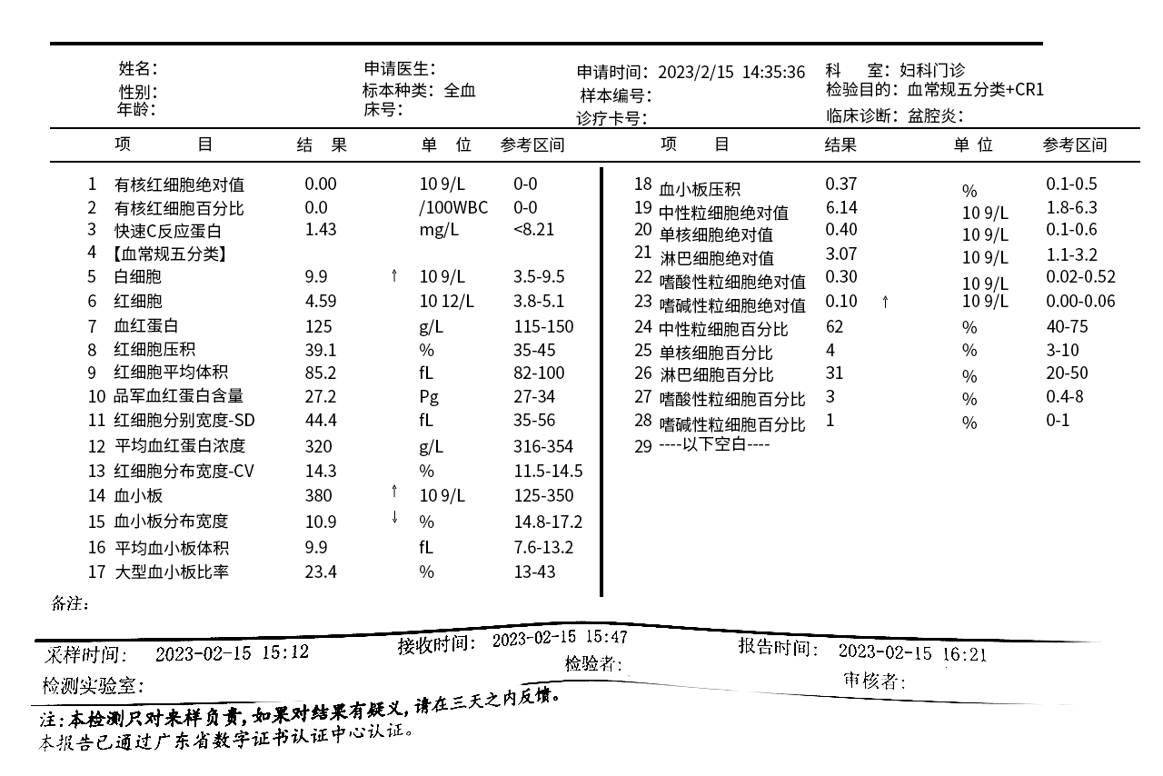 盆腔炎报告单图片 盆腔炎检测报告