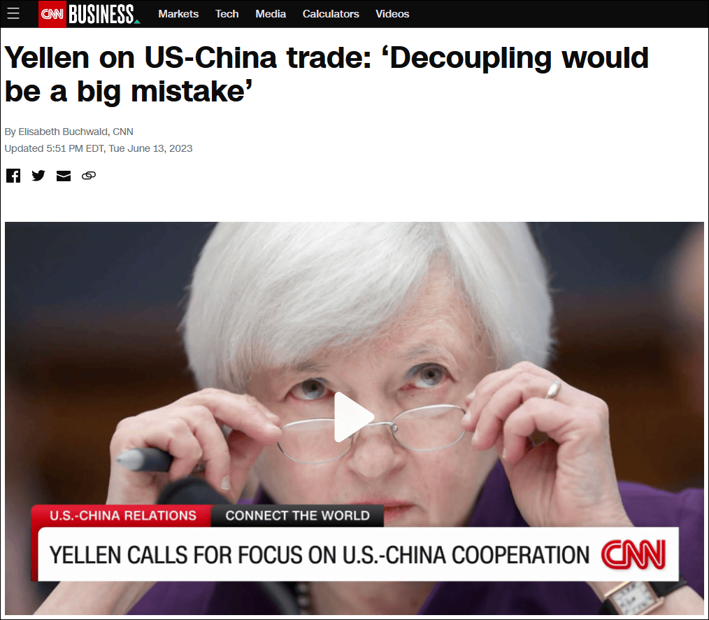 美财长耶伦称：与中国脱钩将是“巨大错误”