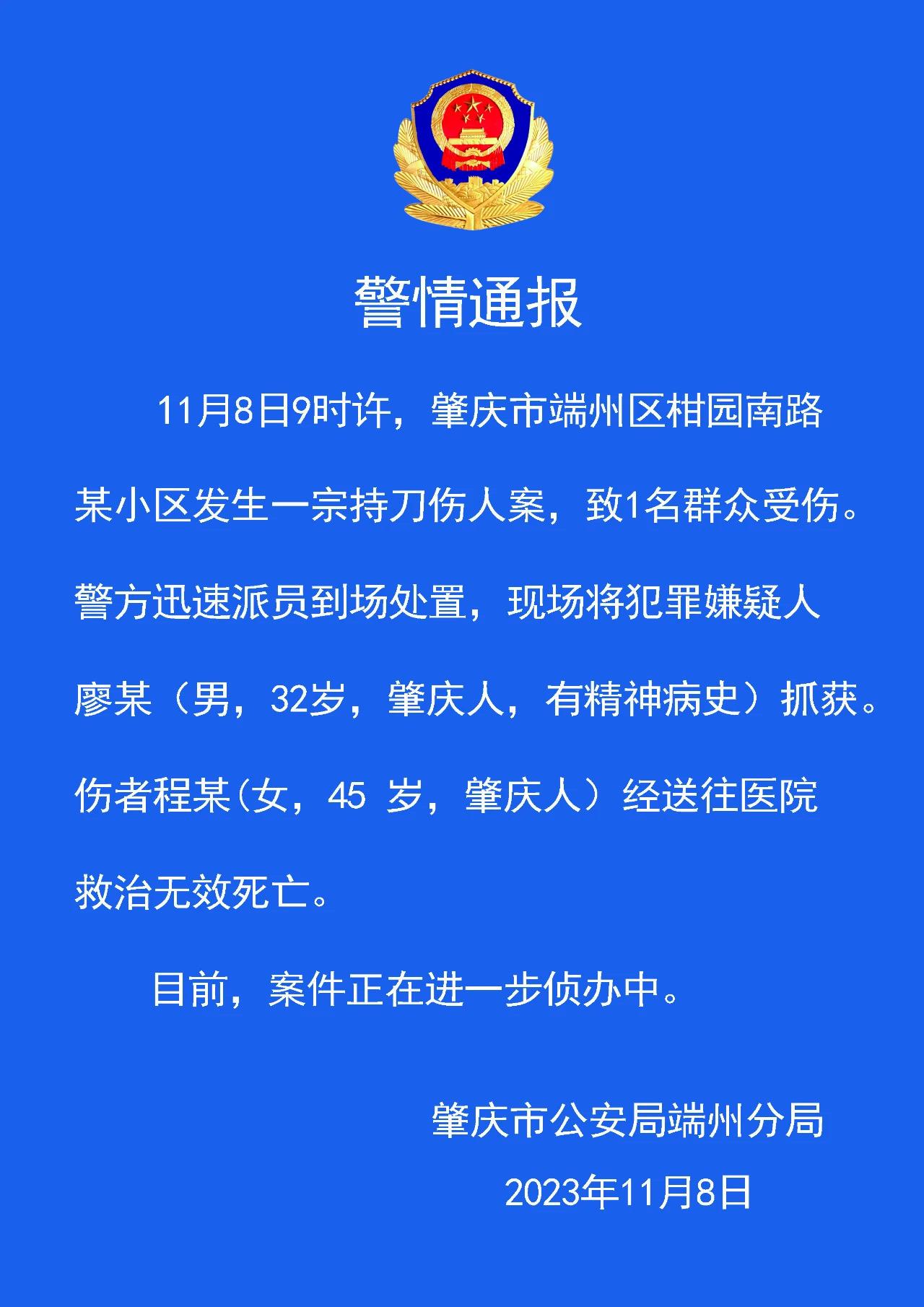 广东一男子持刀伤人致一女子死亡被抓：有精神病史